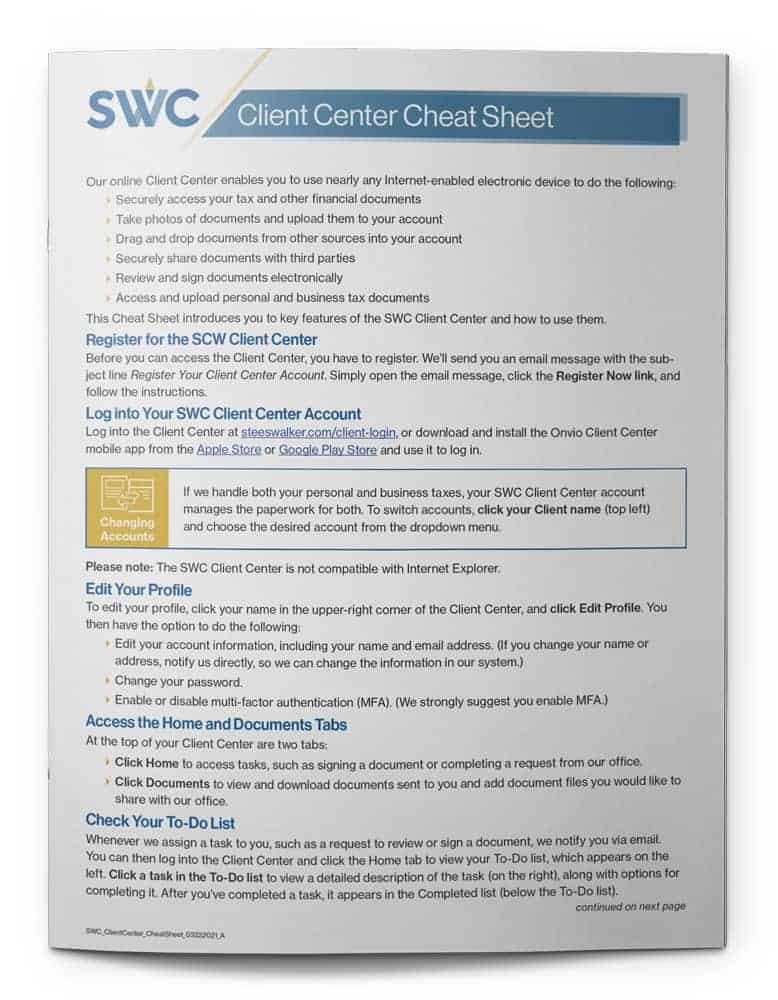SWC Client Center Cheat Sheet