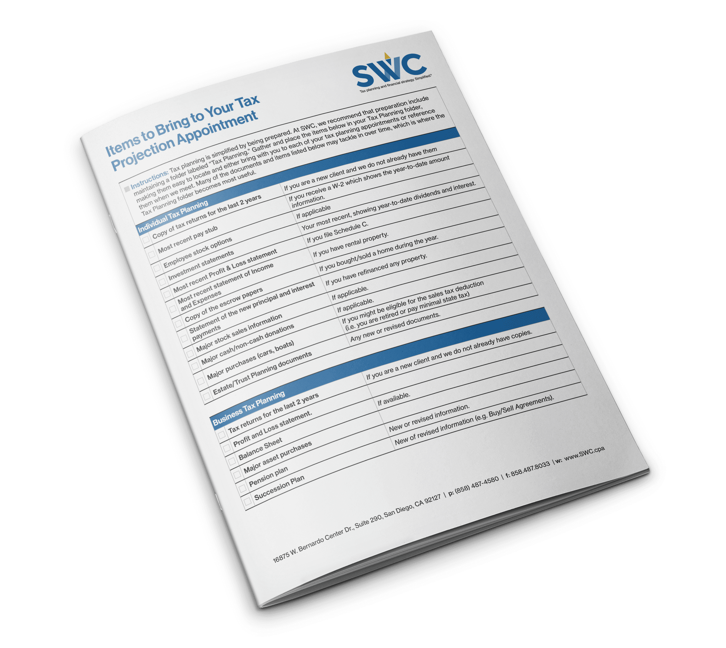 SWC Cheat Sheet: Items to Bring to Your Tax Projection Appointment